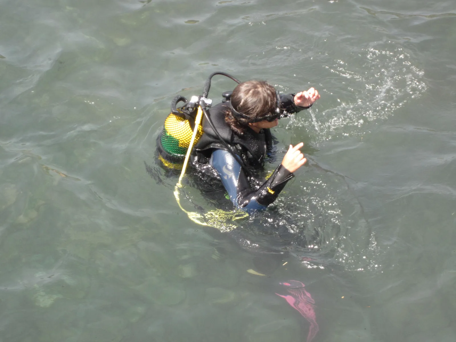 Scuba diver at the surface giving the OK hand signal, Madeira